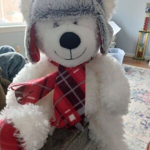 White Teddy Bear with Red Plaid Scarf and Hat